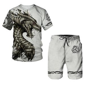 ETST 07 Draak Patroon 3D Print Heren T-shirt Sets Zomer Casual Ronde Hals T-shirt Shorts Tweedelige Set Trend Man kleding Trui S