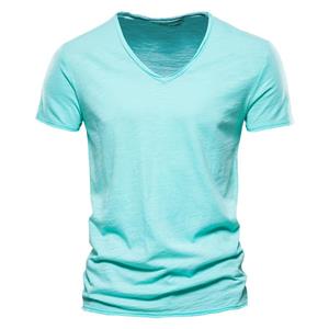 No. 11 Fashion Zomer Heren Top Tee Effen Kleur Bamboe Katoen V-hals Korte Mouw T-shirt Puur Katoen Herenkleding S marineblauwe kleur