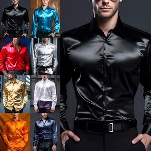Bedding1 Heren Tops Satijn Zijde Shirt Heren Luxe Dansen Effen Glanzend Jurk Bruiloft Casual S wit