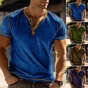 Yunzhu Heren Zomer T-shirt Effen Kleur Slim Fit Knoopsluiting V-hals Elastisch Zacht Ademend Casual Trui Korte Mouwen Mid Lengte Dagelijks Top M koningsblauwe kleur