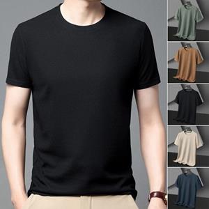Yunzhu Heren Zomer T-shirt Effen Kleur O Hals Korte Mouwen Wafel Textuur Los Casual Zacht Ademend Middellange Lengte Heren Dagelijks Strand Sport Shirt M zwart