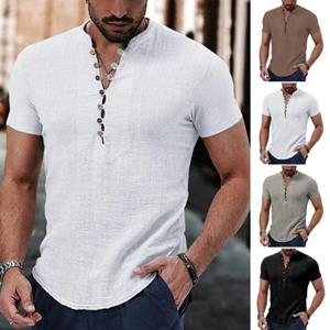 Songmeijuan Heren katoenen linnen overhemd casual top met knopen losse pasvorm korte mouwen T-shirt ademende zomerkleding voor dagelijks gebruik 2XL wit