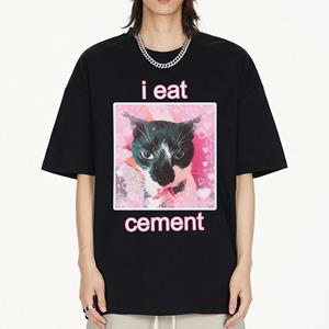 WE BELIEVE Ik eet cementkat grappige grafische bedrukte T-shirts voor heren en dames zomermode casual katoenen T-shirt streetwear korte mouwen T-shirts XS marineblauwe kleur