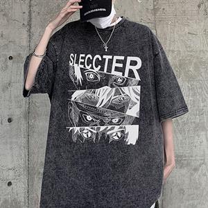FEGKZLI Fashion 100% katoen Acid Washed Vintage korte mouw T-shirt Voorkant bedrukking Streetwear HipHop Harajuku Oversized T-shirts S zwart
