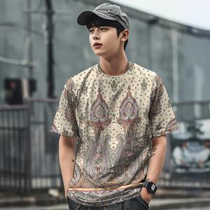 ETST 03 Vintage heren T-shirt Etnische print Casual Korte mouw Zomer Ronde hals Streetwear Heren Losse sweatshirt Ademende herenkleding 2XL