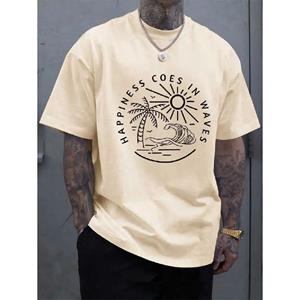 Mingxin clothing Man Oversize Tee Sunset Letter Printed O-hals Casual T-shirt voor Heren S beige