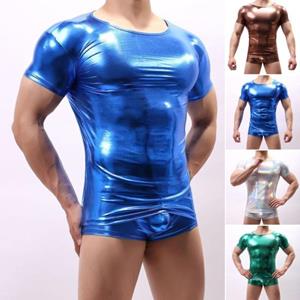 Tianhangyuan Zomer Heren T-shirt Glanzend Oppervlak Bronzing Slim Fit O Hals Effen Kleur Korte Mouwen Trui Feest Club Prestatie Dans Streetwear Top M zilver