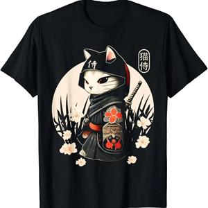 Bobby 2 Kawaii Ninja Cat Print T-shirt Japanse Samurai Cat Tattoo Origineel Ontwerp T-shirt voor Herenkleding Vintage Tops L