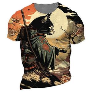 Bobby 2 Japanse Samurai Cat Grafische T-shirts Coole Klassieke Kunststijl Heren- en Damesprint T-shirts Mode O-hals Korte Mouw Losse Tops S