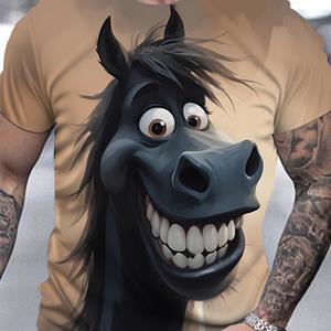 ETST 005 3D Digitale Cartoon Stijl Grappig Lachend Paard Patroon Ronde Hals Korte Mouw T-shirt Zomer Tops Voor Mannen Casual En Buitenkleding S