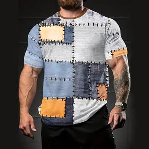 ETST 07 Heren T-shirt 3D Digitaal Patchwork Grafische Print Korte Mouw T-shirts Comfortabel Casual Elastische Ronde Hals Heren Buitenactiviteiten Top L