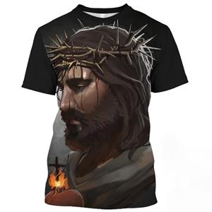 ETST 007 Jezus Christus patroon T-shirt voor heren Zomer Casual O-hals Oversized Korte mouw Katholicisme Print Snel drogende heren T-shirts S