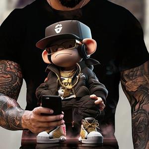Bobby3 3D Digitaal Hip Pop Stijl Aap Met Pet Patroon Ronde Hals En Korte Mouw T-shirt, Stijlvolle En Coole Tops Voor Zomerse Straatmode Voor Heren L