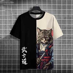 ETST 011 Mode Casual Cool Samurai Cat grafische t-shirts Zomer Heren Trend Grappig Hip Hop harajuku streetwear Vrije tijd Bedrukt Korte Mouw S