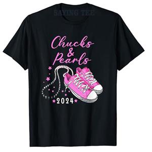 ETST 009 Chucks and Pearls 2024 Kamala Harris voor President 47e T-shirt Damesmode Feminisme Korte Mouw Campagne Tee Feministisch Geschenk S