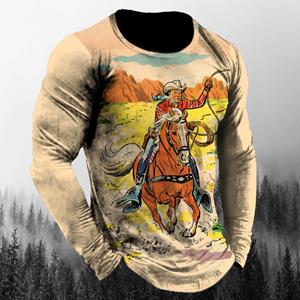 ETST 012 Vintage Westside Cowboy Print Herfst mannen O-hals T-shirt Casual Lange Mouwen Oversized T-shirts Mode Tops Trend Mannen Kleding S