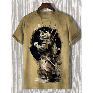 ETST WENDY 05 Heren T-shirt Japanse stijl Samurai Cat Grafisch 3D-geprint T-shirt Casual korte mouwen T-shirt Outdoor Oversized herenkleding Tops S