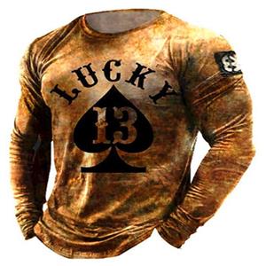 Nihao Retro poker lucky 13 bedrukking heren T-shirts Lente en herfst casual ronde hals minister manchet T-shirt, heren Europese Unie s XXXL