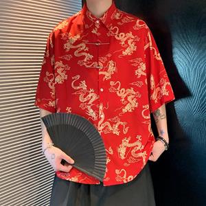 Big Thumb 2024 Zomer Chinese Traditionele Jurk Hoge Kwaliteit Draak Borduurwerk Shirt Heren IJs Zijde Korte Mouw Shirts Rode Chinese Stijl Shirts XXXL rood