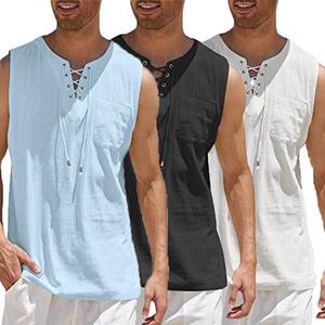 DSorothy Katoenen linnen overhemden Heren casual mouwloos vest bandage veterblouse retro V-hals mode losse overhemd heren effen kleur kleding 4XL wit