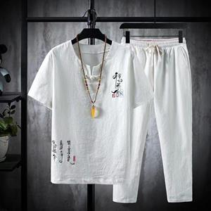 DSorothy (Overhemd + Broek) Zomer Chinese Stijl Heren Overhemden Katoenen en Linnen Overhemden Heren Hoge Kwaliteit Casual Overhemden Tweedelig 5XL wit