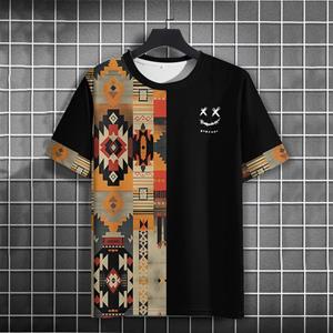 Bobby 2 Vintage heren T-shirt Etnische print Casual Korte mouw Zomer Ronde hals Streetwear Heren Losse sweatshirt Ademende herenkleding L