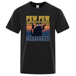 Limindong Pew Pew Madafakas T-shirt Heren Korte Mouw Nieuwigheid Grappige Kat T-shirt Katoen Oversize Tops Shirts Tee T-shirt Ronde Hals Streetwear S blauw