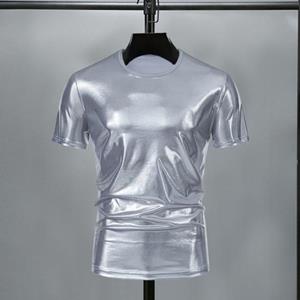 Dahaixin Zomer Heren T-shirt Glanzend Oppervlak Bronzing Slim Fit O Hals Effen Kleur Korte Mouwen Trui Feest Club Prestatie Dans Streetwear Top L goud