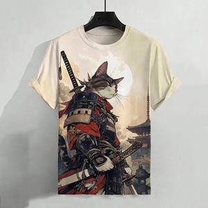 ETST WENDY 05 3d Samurai Cat Print Korte Mouw T-shirt Voor Heren Nieuw Retro Heren T-shirt Mode Oversized Mannenkleding Snel Drogende T-shirts Tops 2024 2XL