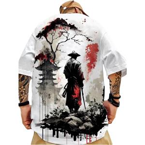 ETST 07 Mode Japanse Samurai Bedrukte Heren Trendy T-shirts Zomer O-hals Korte Mouw Losse T-shirts Streetwear Hip Hop Tops 3XL S