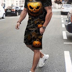 Bobby 2 2-delige heren 3D Halloween Pompoen Patroon Print Zomer Outfit Set, Heren Korte Mouw Ronde Hals T-shirt & Elastische Taille Shorts Met Zakken S