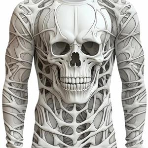 ETST 005 Grappige 3D Skull Print Heren Lange Mouw T-shirt Casual O-hals Katoenen Losse Tops Mode Menselijke Botten Patroon Kleding Herfst T-shirts S