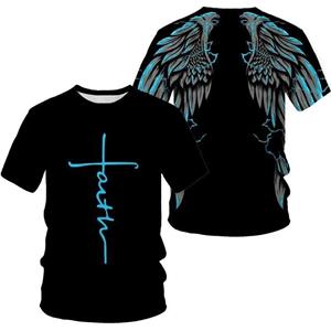 ETST WENDY 005 Mode Jezus Kruis Patroon T-shirt Voor Mannen Grappige 3D Vleugel Print Korte Mouw Tops Casual O-hals Losse T-shirts Zomer Trui XS