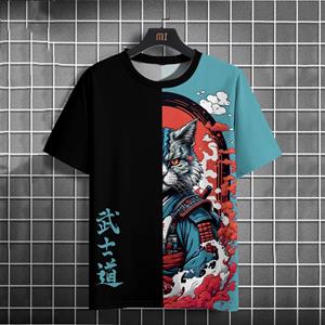 Wendy 3 Japanse Anime Samurai Cat T-shirt voor heren 3D Animal Print Korte mouw Tops Tee Casual T-shirt oversized Shirt Herenkleding S