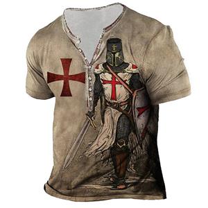 Xiao Xiang Vintage T-shirt voor heren 3D-print Knight Henley-shirt V-hals korte mouwen oversized tops T-shirt herenkleding streetwear L