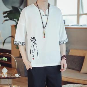 KAOLA Zomerse Chinese stijl heren retro borduurwerk bedrukte T-shirt tops Tang linnen overhemd XXXXXL wit