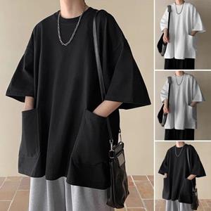 Tianhangyuan Zomer Heren T-shirt Ronde Hals Los Mid Lengte Effen Kleur Plus Size Zakken Halve Mouwen Streetwear Outdoor Top L grijs