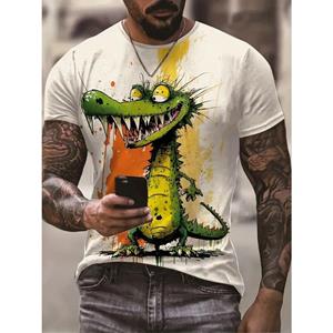 HerSight Comic Style Krokodil en verfmarkering patroon ronde hals en korte mouwen T-shirt, casual en chique tops voor heren zomer straatkleding XL