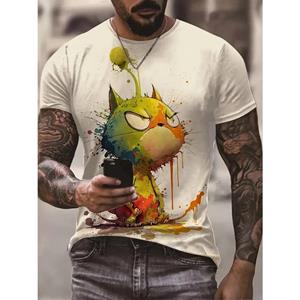 ForYourBeauty Comic Style Krokodil en verfmarkering patroon ronde hals en korte mouwen T-shirt, casual en chique tops voor heren zomer straatkleding XL