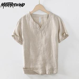 Natural Life Man Zomer 100% natuurlijk linnen T-shirts Heren Chinese stijl Retro kleding Effen kleur Staande kraag V-hals Korte mouwen Tops & T-shirts Casual Ademend T-shirt M wit