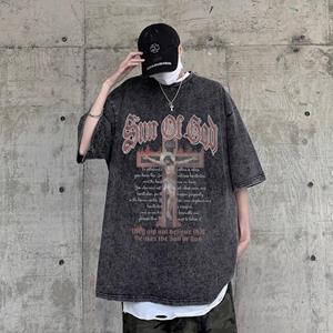 FEGKZLI Fashion 100% katoen Acid Washed Vintage korte mouw T-shirt Voorkant bedrukking Streetwear HipHop Harajuku Oversized T-shirts S zwart