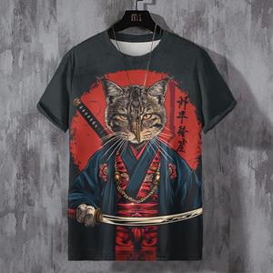 Etst 003 Heren Japans T-shirt Samurai kat grafisch T-shirt 3D geprint casual T-shirt met korte mouwen 100cm
