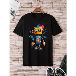 Plus Size FUGUIS Levendig Cartoon Robot Grafisch Print T-shirt - Zacht Licht Stretch Crew Neck T-shirt voor Heren - Comfortabele Street Style voor Alle Seizoenen S zwart
