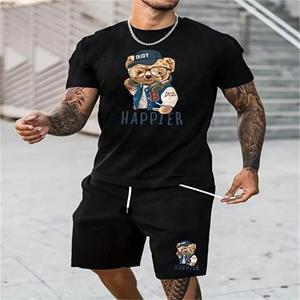 ETST WENDY 05 Coole Bear Print Heren 2-delige outfitset, casual T-shirt en losse shorts met trekkoord voor de zomer T-shirt voor heren L