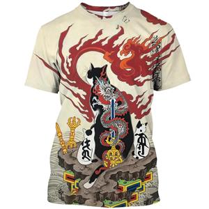 Chaokebang Japanse mythologie samoerai kat 3D harajuku print heren t-shirt grafische zomer nieuwe heren en dames dagelijkse ronde hals korte mouw t-shirt tops S