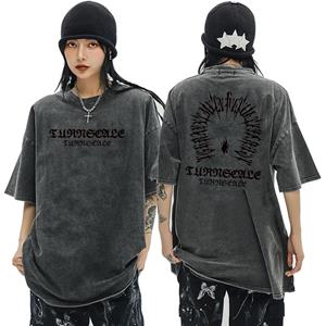 MR91EY 100% katoen Acid Washed Vintage korte mouw T-shirt Voor- en achterkant bedrukking Streetwear HipHop Harajuku Oversized T-shirts L zwart
