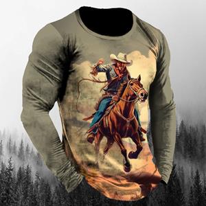 Wendy 3 Vintage Cowboy T-shirt Casual Sport Lange Mouw Tops Heren Western Cowboy Patroon Winter Losse Straat T-shirt Kleding Pullover S