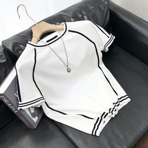 QGOOD Zomer Casual Patchwork Contrasterende Gestreepte Oversized Heren en Dames Ijs Zijde Gebreide Trui Korte Mouw T-shirt S