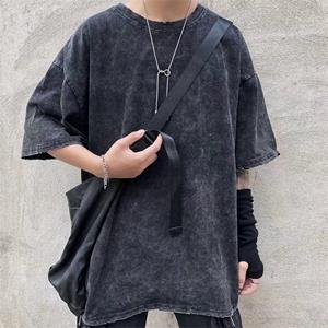 RUOK Zomer Klassieke Retro Vintage Mode Heren T-shirt Mineral Washed Distressed Heren Streetwear Tie Dyed Acid Unisex Casual M grijs