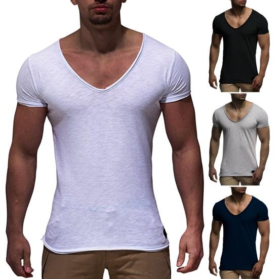 Western Cool Men Heren T-shirt Korte Mouwen V-hals Effen Kleur Zacht Slim Fit Mid Lengte Elastisch Casual 2XL marineblauwe kleur